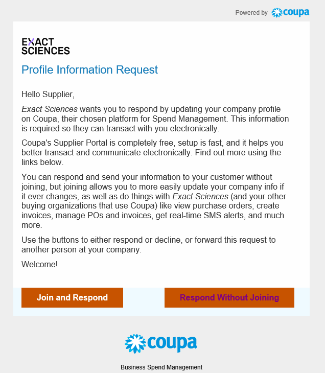 Screenshot of email from Exact Sciences to register a Coupa account.